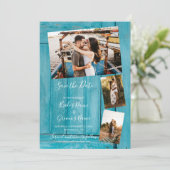 Rustic Blue Wood 3 Foto's Wedding Save The Date (Staand voorkant)