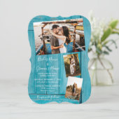 Rustic Blue Wood 4 Foto's Wedding Invitations Kaart (Staand voorkant)