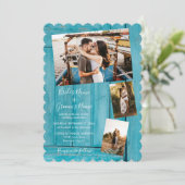 Rustic Blue Wood 4 Foto's Wedding Invitations Kaart (Staand voorkant)