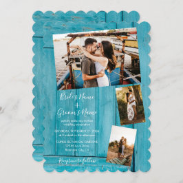 Rustic Blue Wood 4 Foto's Wedding Invitations Kaart