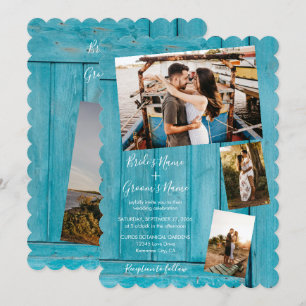 Rustic Blue Wood 4 Foto's Wedding Invitations Kaart
