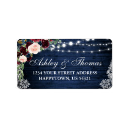 Rustic Blue Wood Burgundy Blue Floral Address Etiket