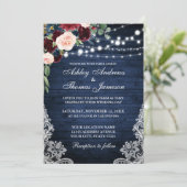 Rustic Blue Wood Burgundy Blue Floral Wedding Kaart (Staand voorkant)