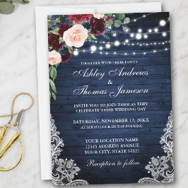 Rustic Blue Wood Burgundy Blue Floral Wedding Kaart