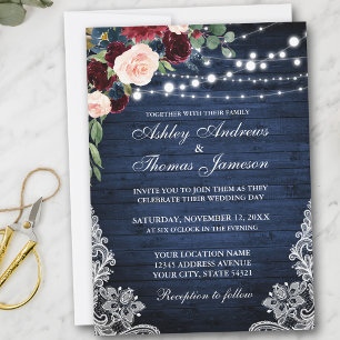 Rustic Blue Wood Burgundy Blue Floral Wedding Kaart