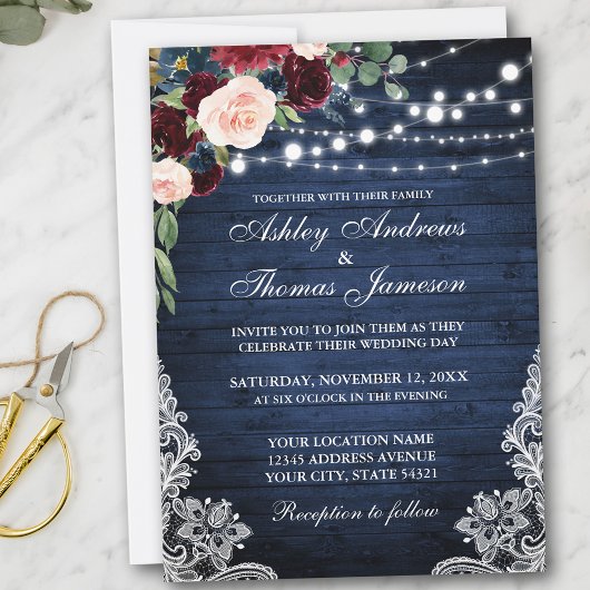 Rustic Blue Wood Burgundy Blue Floral Wedding Kaart