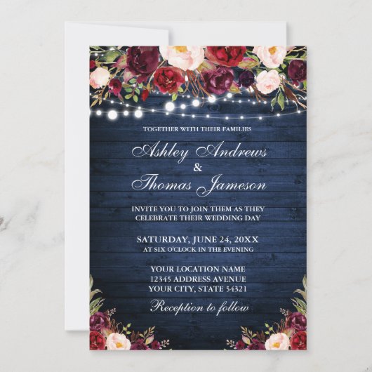 Rustic Blue Wood Burgundy Floral Wedding Kaart (Voorkant)