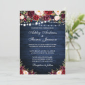 Rustic Blue Wood Burgundy Floral Wedding Kaart (Staand voorkant)