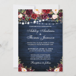 Rustic Blue Wood Burgundy Floral Wedding Kaart