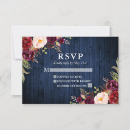 Rustic Blue Wood Burgundy Floral Wedding RSVP Kaartje