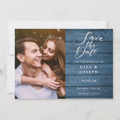 Rustic Blue Wood Elegant Script Photo Wedding Save The Date (Voorkant)