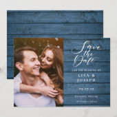 Rustic Blue Wood Elegant Script Photo Wedding Save The Date (Voorkant / Achterkant)
