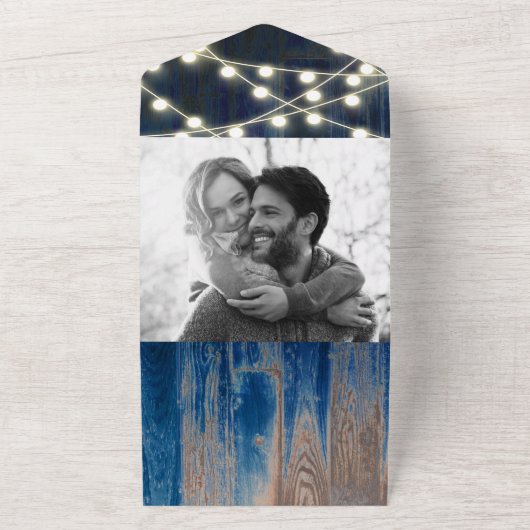 Rustic Blue Wood en lights Barn Wedding All In One Uitnodiging (Buitenkant)