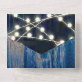 Rustic Blue Wood en lights Barn Wedding All In One Uitnodiging (Achterkant)