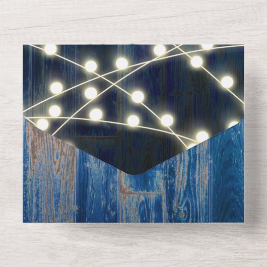Rustic Blue Wood en lights Barn Wedding All In One Uitnodiging (Achterkant)