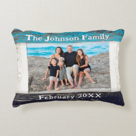 Rustic Blue Wood Family Name Photo Accent Kussen