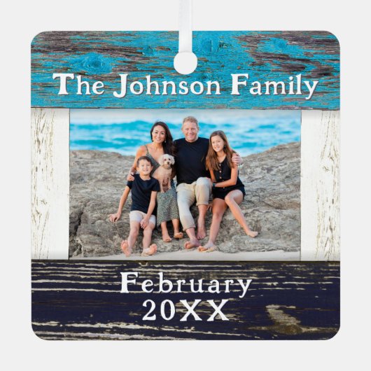 Rustic Blue Wood Family Name Photo Frame Metalen Ornament (Voorkant)