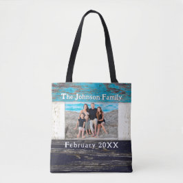 Rustic Blue Wood Family Name Photo Frame Tote Bag