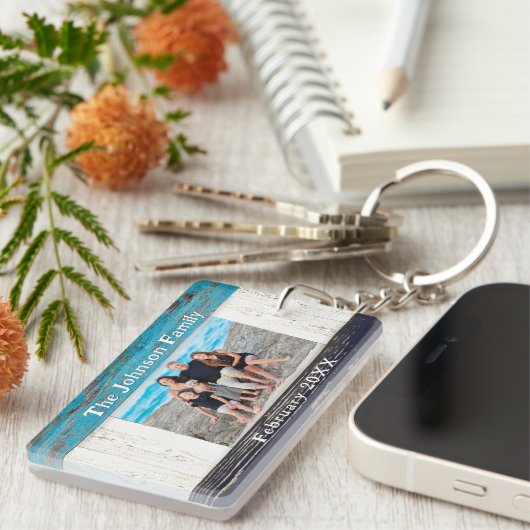 Rustic Blue Wood Family Name Photo Sleutelhanger (Voorkant Rechts)