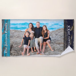 Rustic Blue Wood Family Name Photo Strandlaken