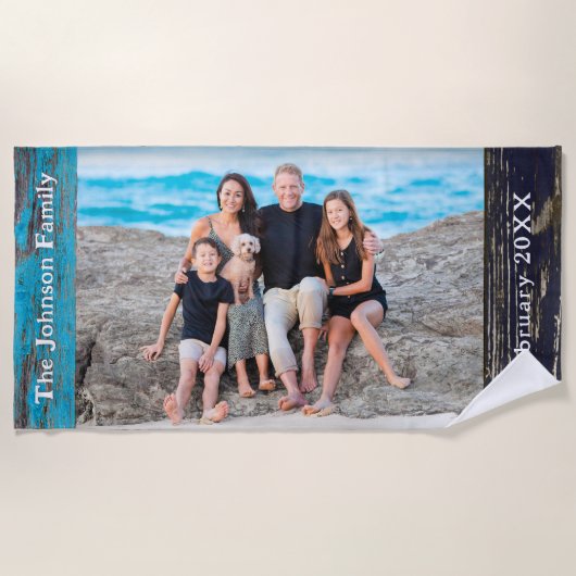 Rustic Blue Wood Family Name Photo Strandlaken (Voorkant)