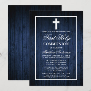 Rustic Blue Wood First Heilige Communie Kaart