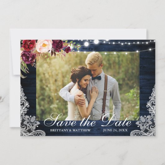 Rustic Blue Wood Floral Lights Foto Save The Date (Voorkant)