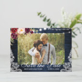 Rustic Blue Wood Floral Lights Foto Save The Date (Staand voorkant)