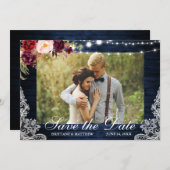 Rustic Blue Wood Floral Lights Foto Save The Date (Voorkant / Achterkant)