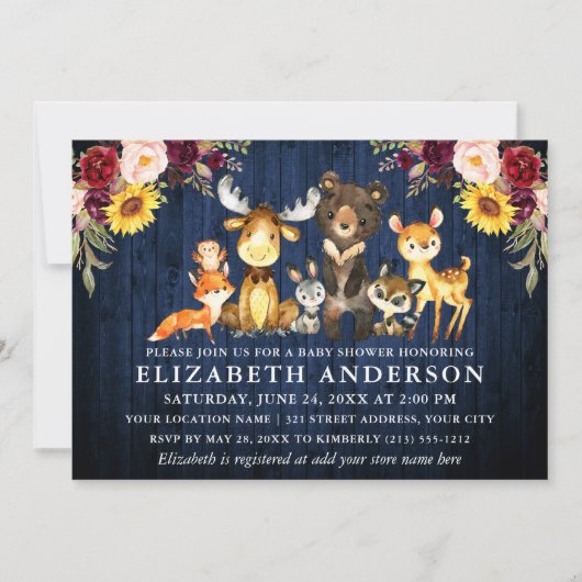 Rustic Blue Wood Flowers Woodland Animals Shower Kaart (Voorkant)