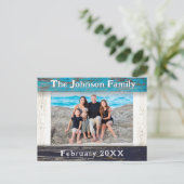 Rustic Blue Wood Frame Family Name Photo Briefkaart (Staand voorkant)