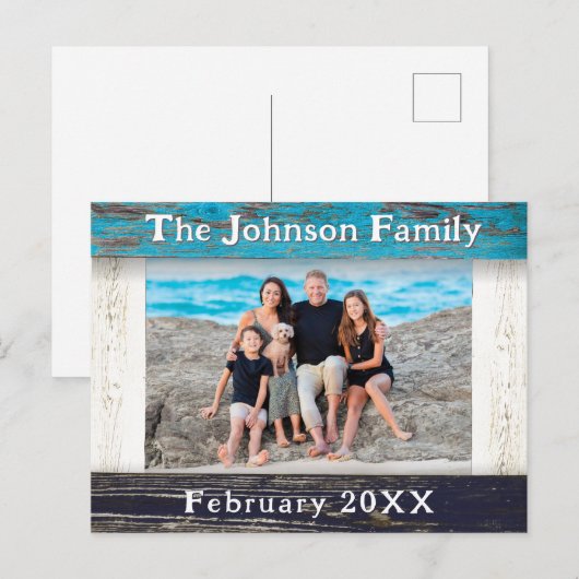 Rustic Blue Wood Frame Family Name Photo Briefkaart (Voorkant / Achterkant)