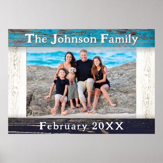 Rustic Blue Wood Frame Family Name Photo Poster (Voorkant)