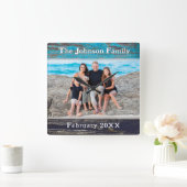 Rustic Blue Wood Frame Family Name Photo Vierkante Klok (Huis)