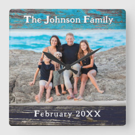 Rustic Blue Wood Frame Family Name Photo Vierkante Klok