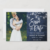 Rustic Blue Wood Jar Lights Penseelfoto Save The Date (Voorkant)