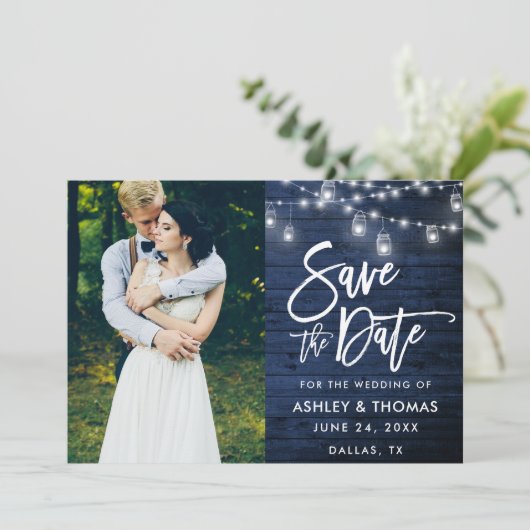 Rustic Blue Wood Jar Lights Penseelfoto Save The Date (Staand voorkant)