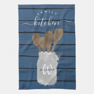 Rustic Blue Wood Jar Spoon Family Kitchen Theedoek
