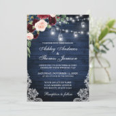 Rustic Blue Wood Jars Burgundy Blue Floral Wedding Kaart (Staand voorkant)