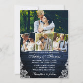 Rustic Blue Wood Lace 4 Photo Wedding Kaart (Voorkant)