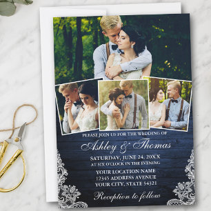 Rustic Blue Wood Lace 4 Photo Wedding Kaart