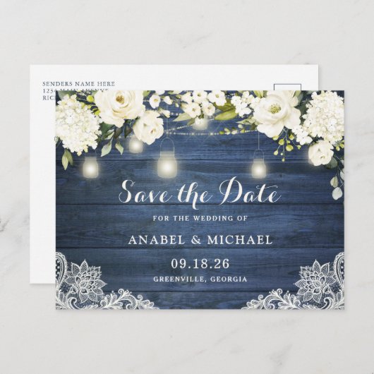 Rustic Blue Wood Lace Mason Jar Save the Date Aankondigingskaart (Voorkant / Achterkant)