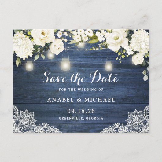 Rustic Blue Wood Lace Mason Jar Save the Date Aankondigingskaart (Voorkant)