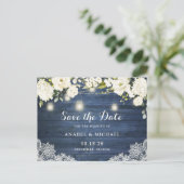 Rustic Blue Wood Lace Mason Jar Save the Date Aankondigingskaart (Staand voorkant)