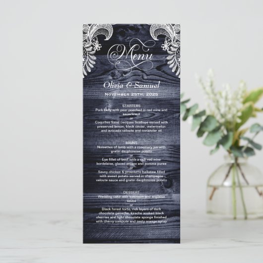 Rustic Blue Wood Lace Wedding Menu (Staand voorkant)