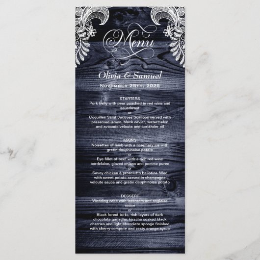 Rustic Blue Wood Lace Wedding Menu (Voorkant)