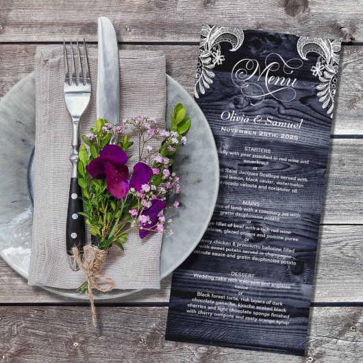 Rustic Blue Wood Lace Wedding Menu