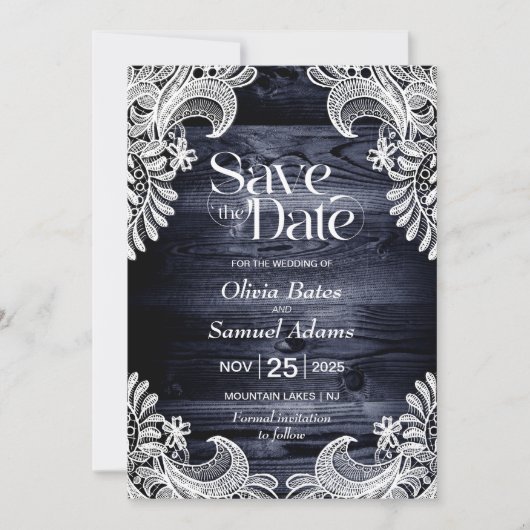 Rustic Blue Wood Lace Wedding Save The Date (Voorkant)