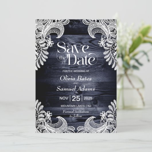 Rustic Blue Wood Lace Wedding Save The Date (Staand voorkant)