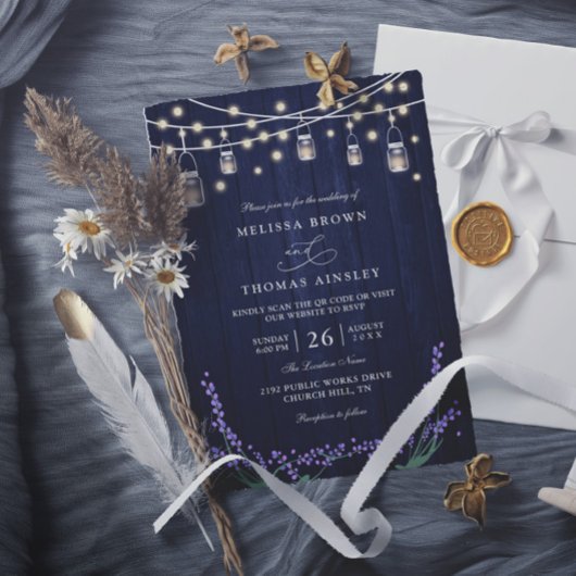 Rustic Blue Wood Lavender Elegant QR Code Wedding Kaart
